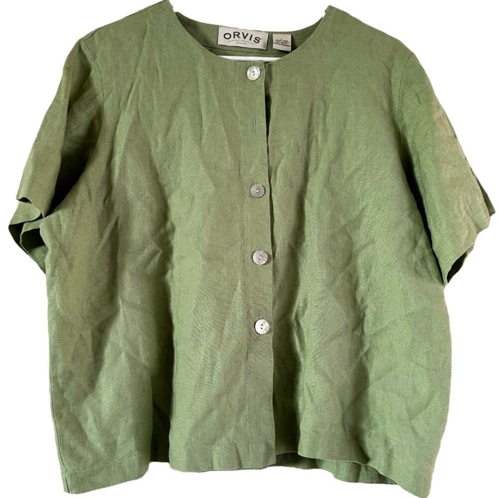 Orvis Button Down Shirt Round Neck Relaxed Fit Casual Plain 100% Linen Green L